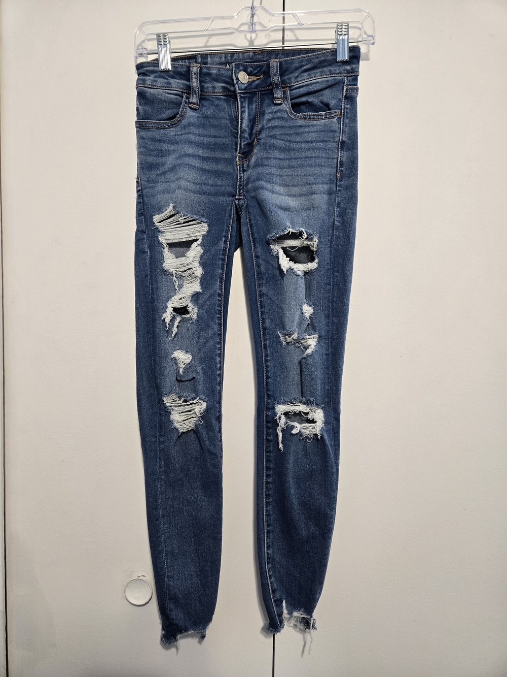 American Eagle Distressed Skinny Jeans 00 Short High Rise Raw Hem Stretch Denim
